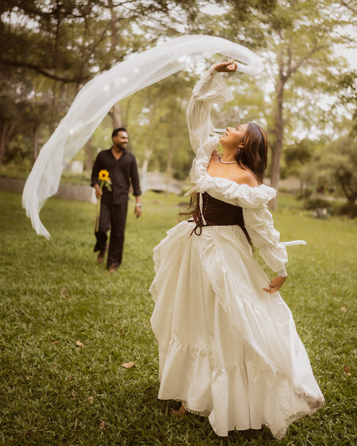 Bride's veil flowing in the wind
