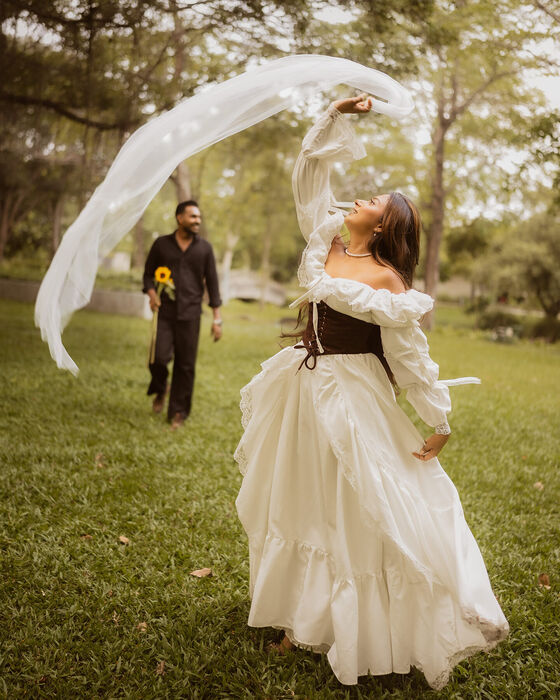 Bride's veil flowing in the wind